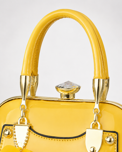 Port&Lotus bright yellow patent leather kisslock handbag handle shot crystal lock gold hardware