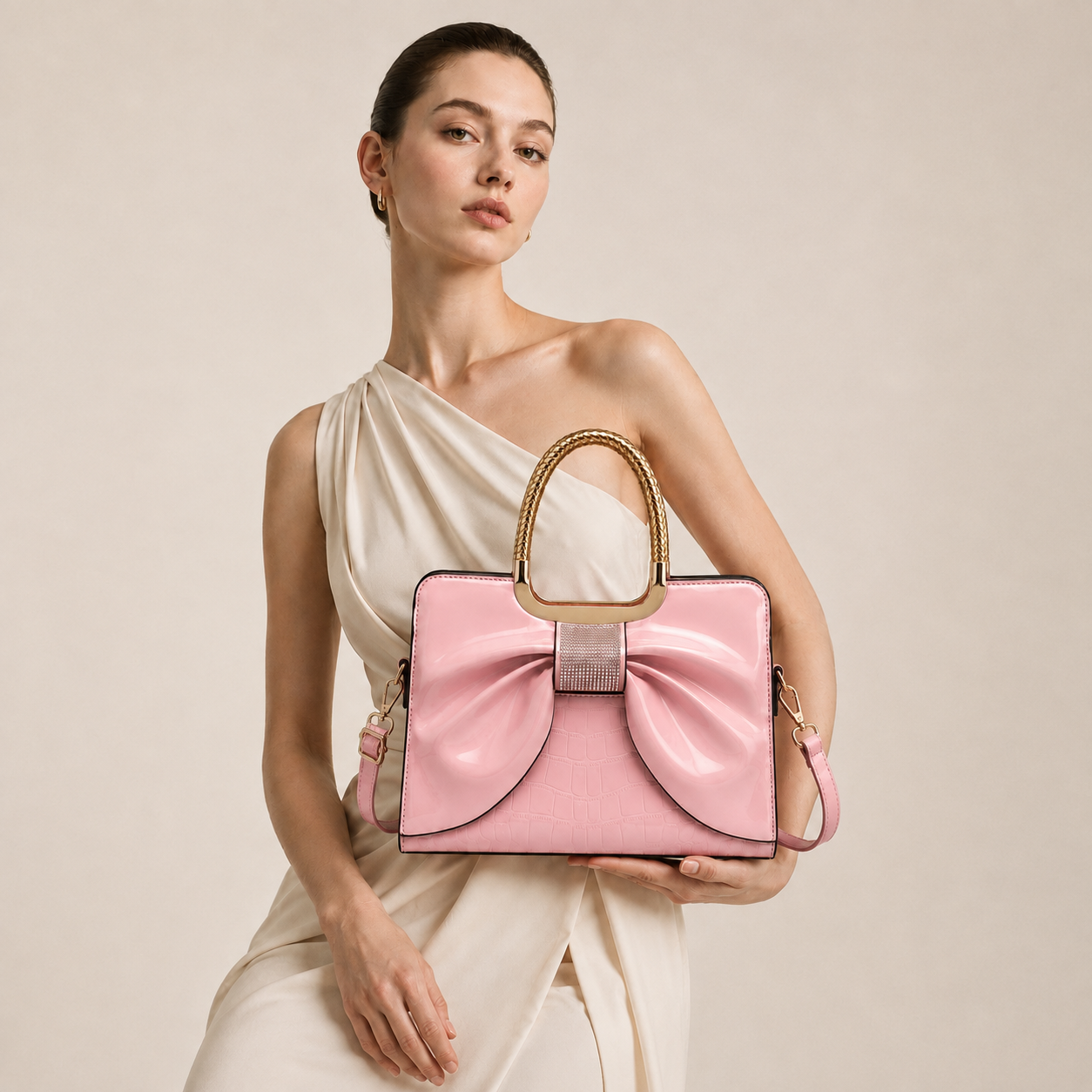 Bow-Detail Top Handle Bag | Glossy Finish and Shoulder Strap