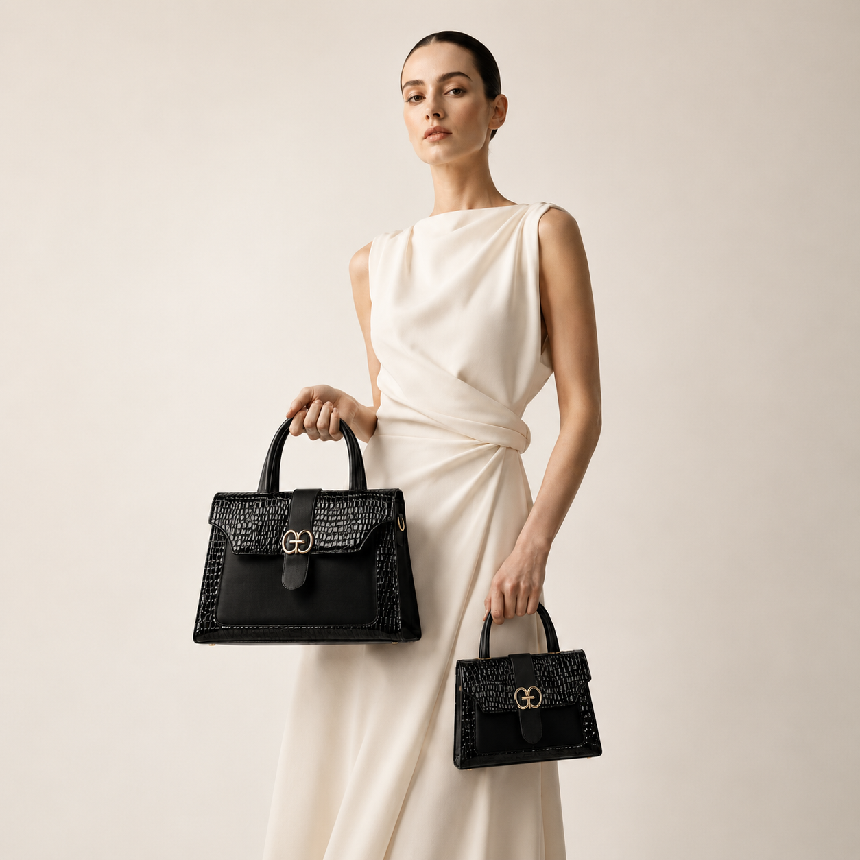 2-Piece Croc-Textured Satchel Bag Set | Flap Closure