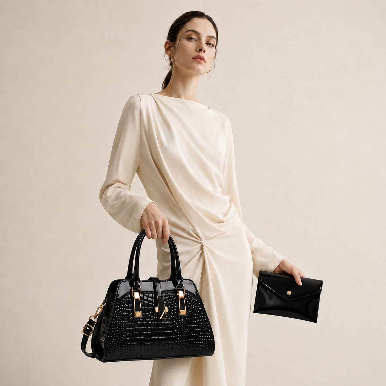 Structured Croc-Textured Satchel | Shoulder Strap and Wallet