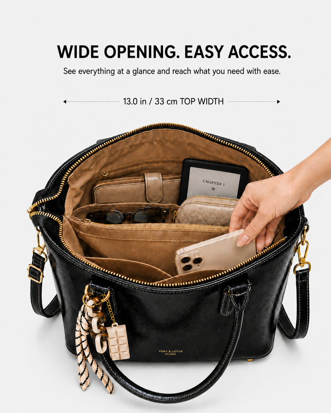 PORT&LOTUS black tote bag with wide zip opening organized interior compartments phone pocket wallet sunglasses and 13 inch top width