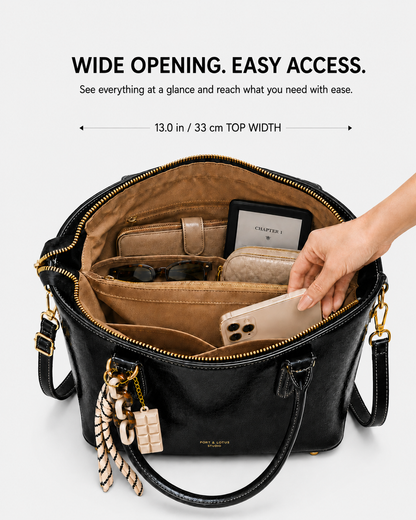 PORT&LOTUS black tote bag with wide zip opening organized interior compartments phone pocket wallet sunglasses and 13 inch top width