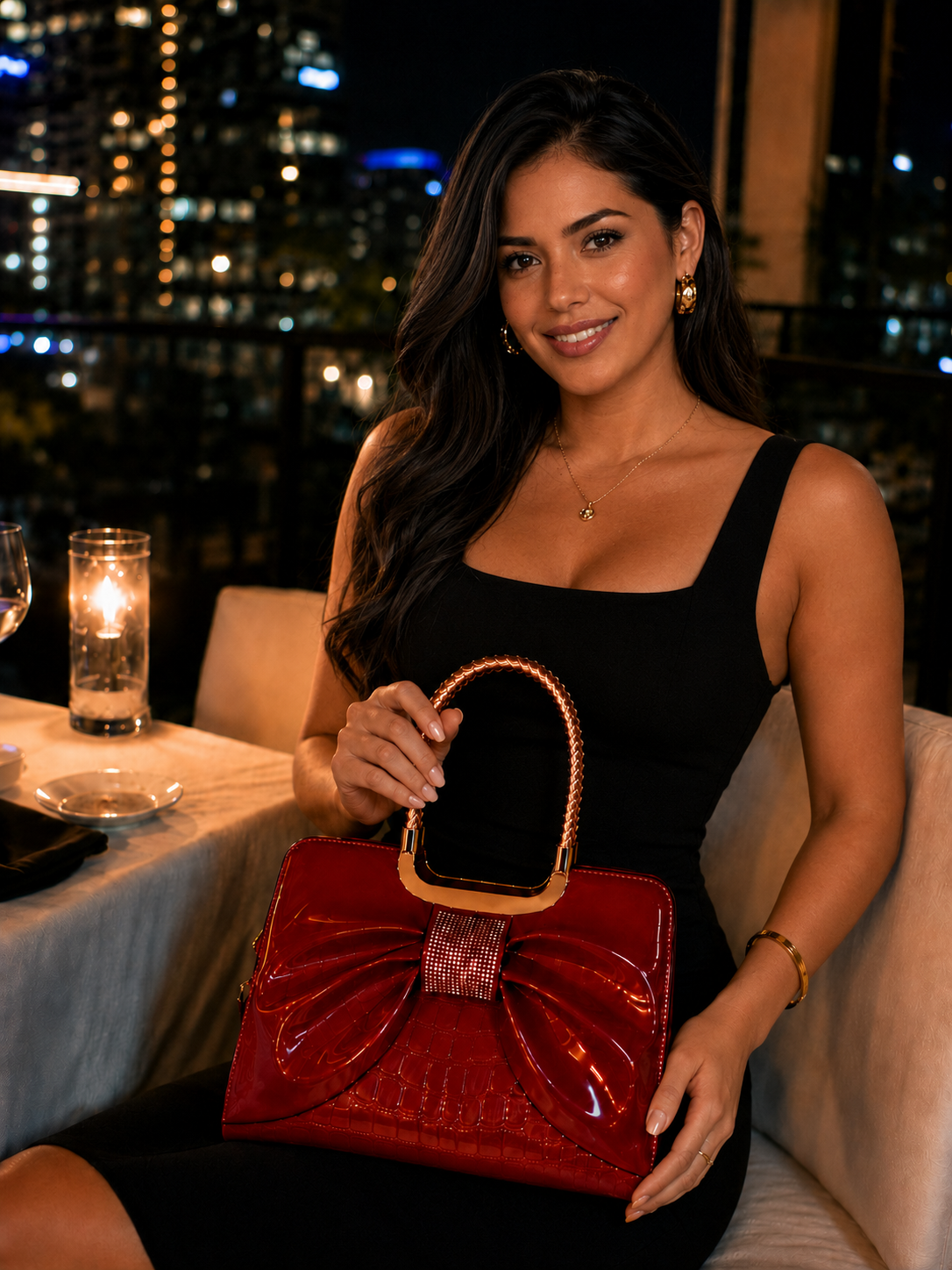 beautiful woman holding burgundy PORT&LOTUS glossy bow top handle handbag crocodile texture women evening purse rooftop dinner party scene