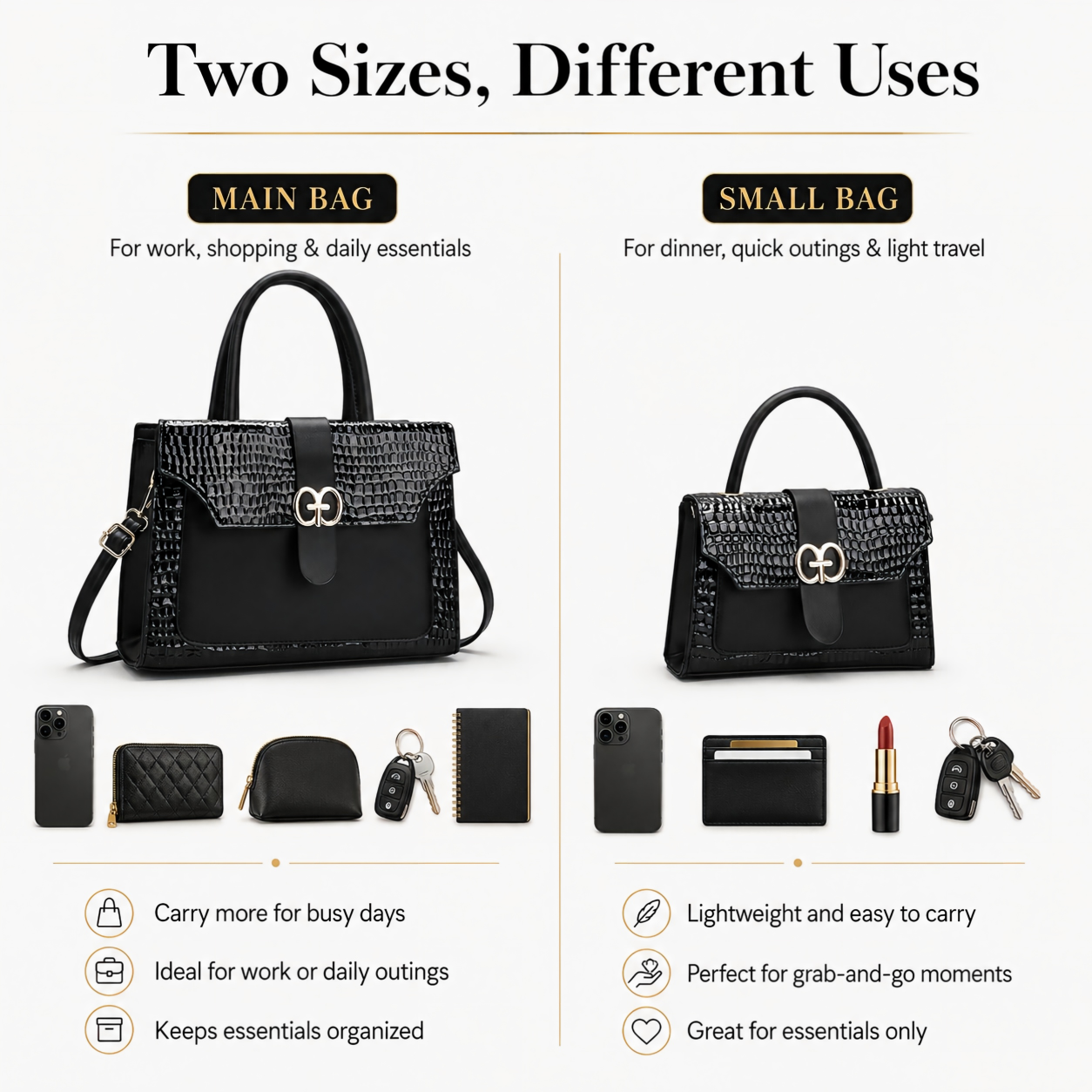 2-Piece Croc-Textured Satchel Bag Set | Flap Closure