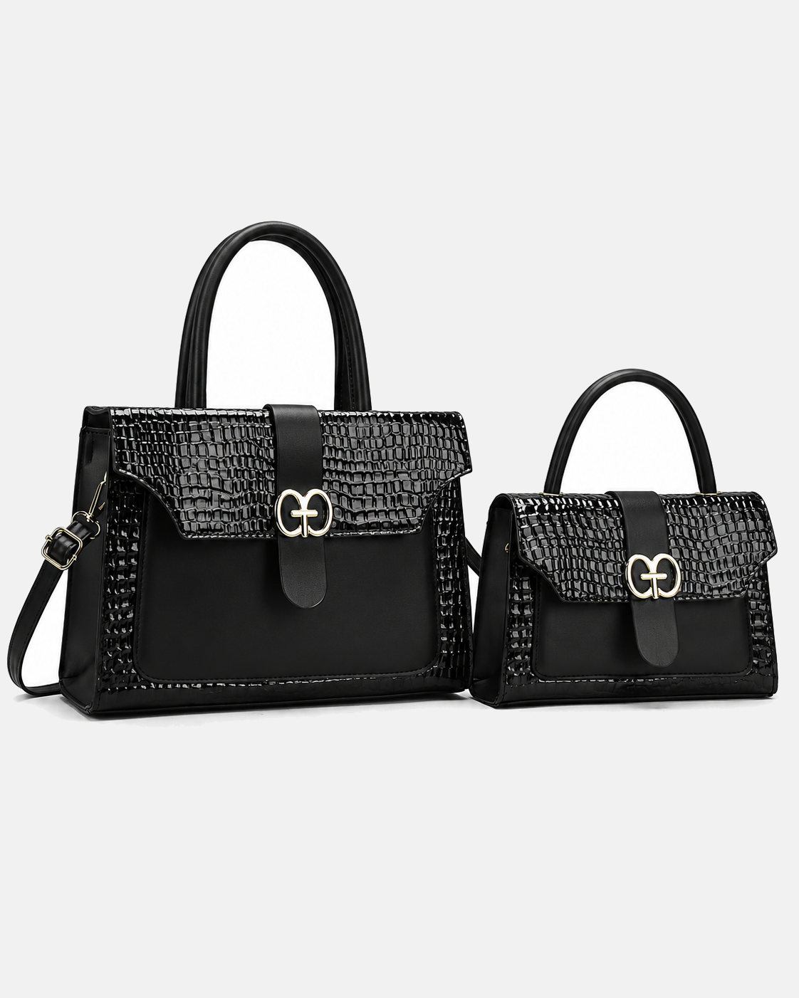 Black PORT&LOTUS two-piece handbag set with glossy crocodile embossed panels structured top handles detachable shoulder strap and gold-tone clasp