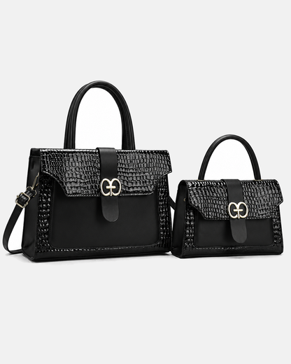 Black PORT&LOTUS two-piece handbag set with glossy crocodile embossed panels structured top handles detachable shoulder strap and gold-tone clasp