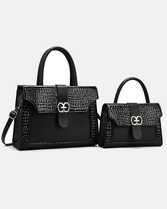 Black PORT&LOTUS two-piece handbag set with glossy crocodile embossed panels structured top handles detachable shoulder strap and gold-tone clasp